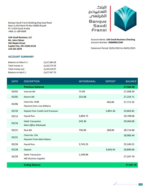 Download Banque Saudi Fransi company checking account statement Word and PDF template Photoshop template